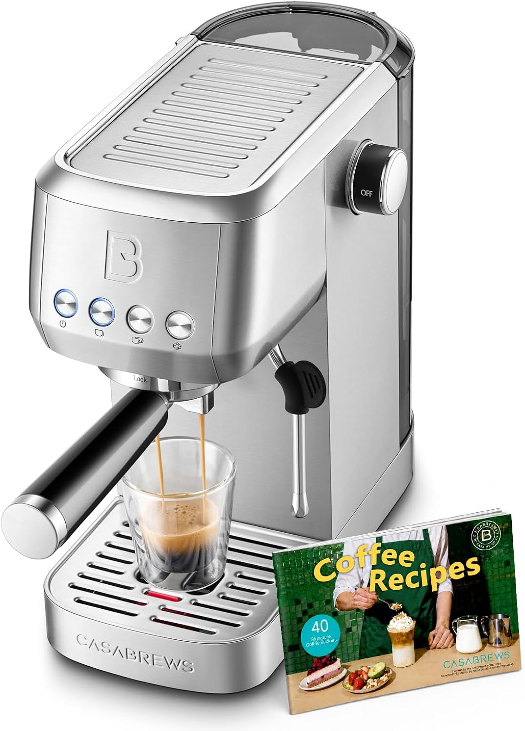 CASABREWS 3700 Essential Espresso Machine 20 Bar, Stainless Steel Cappuccino & Latte Coffee Maker with Steam Frother for Home, 43.9oz Water Tank, Silver