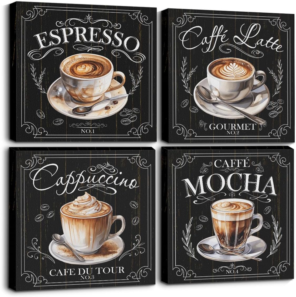 4 PCs Coffee Wall Decor Canvas Wall Art Framed Art Coffee Bar Decor Posters, Gifts for Coffee Lovers, Coffee Bar Sign, Artwork for Walls Coffee Station Dining Room Kitchen Home Office Decor