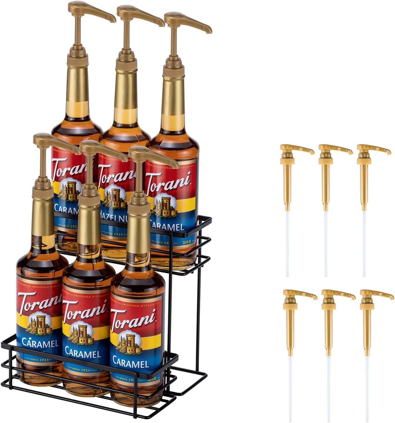 Coffee Syrup Organizer, 6 Bottle Capacity Syrup Stand, 2 Tier Syrup Rack for Coffee Bar Accessories with 6 Coffee Syrup Pump, Syrup Holder for Kitchen, Storage for Syrup, Wine, Dressing（Black）