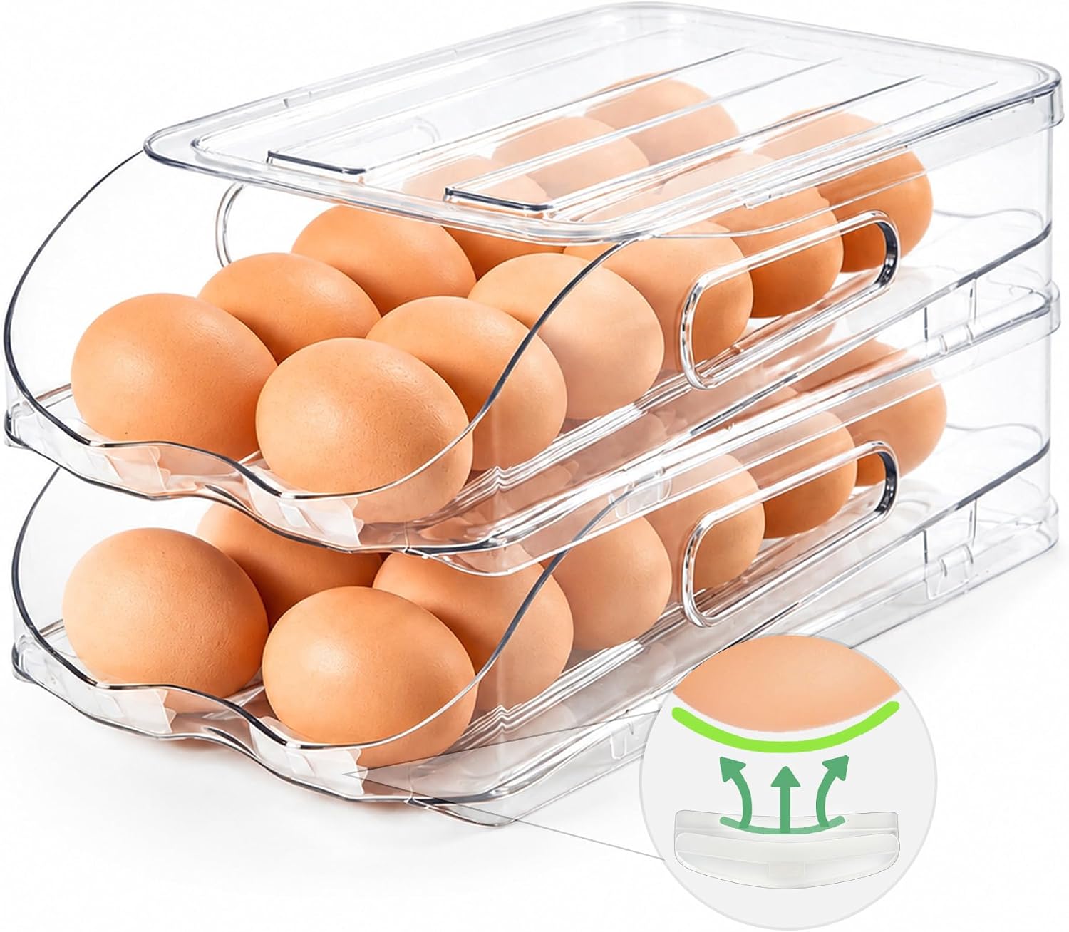 SMRCAD 24-Egg Dispenser with Silicone Bumpers, Auto-Rolling, Stackable | BPA-free food-grade PET | Stackable with lid | Built-in handle | Fits Large to Jumbo Eggs | Hand wash only