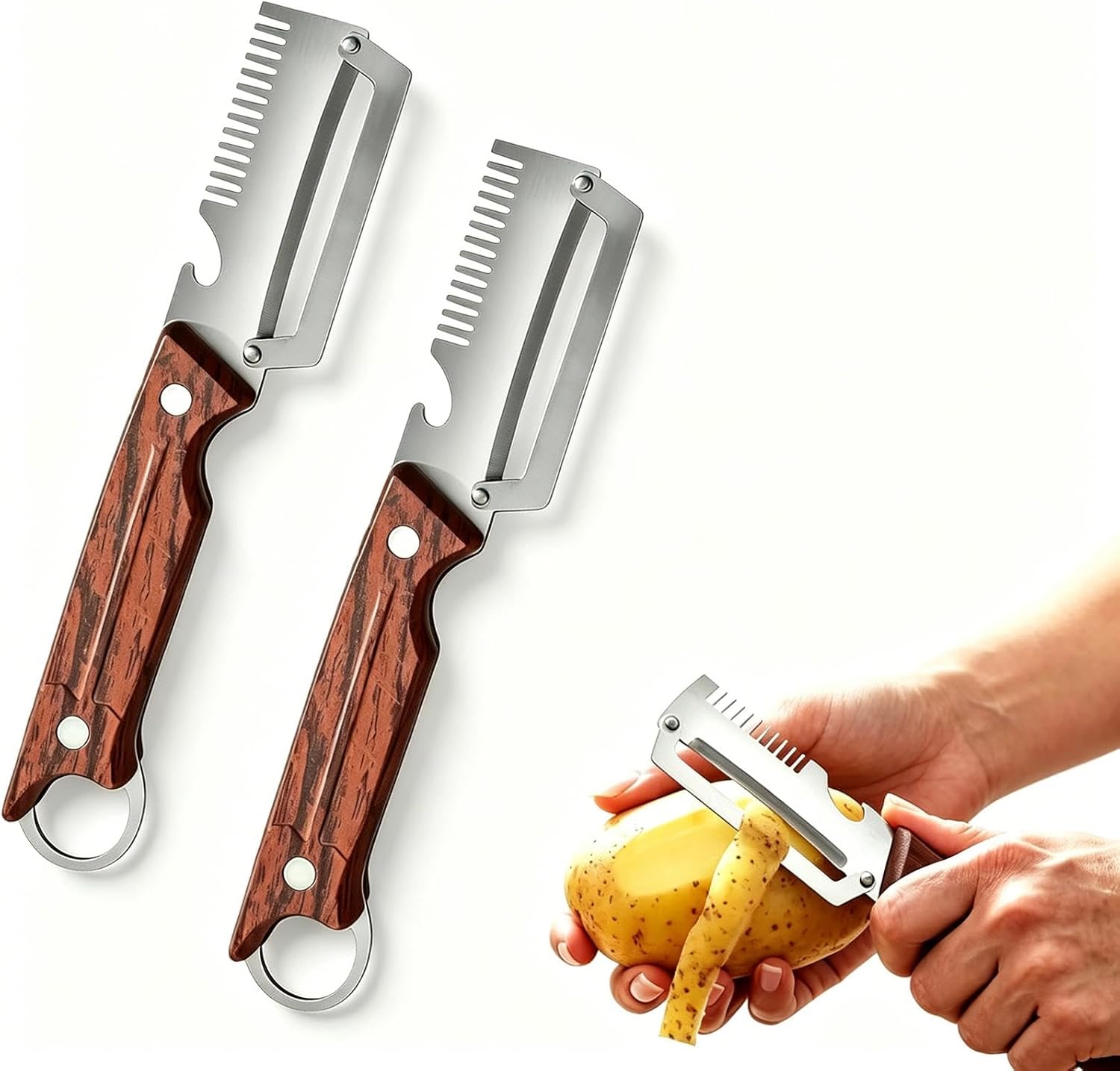 2 PCS 3 In 1 Multifunctional Vegetable Peeler for Kitchen, Premium Vegetable Peeler with Ergonomic Wooden Handlerfor Fruit, Potato, Carrot, Pumpkin & Veggie, Durable Kitchen Gadget Tool