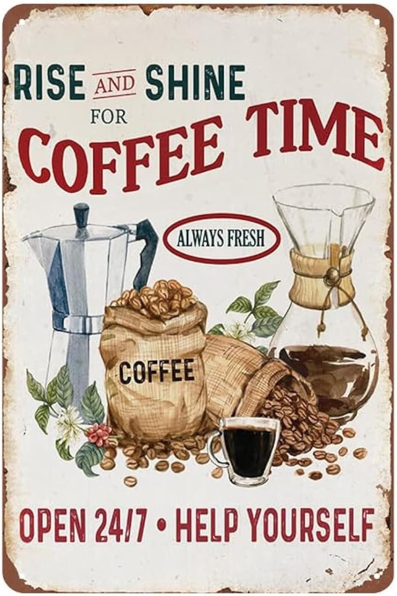 YOYI ART Rise and Shine Coffee Sign – Rustic Vintage Metal Tin Wall Decor for Kitchen, Bar, Station – Gift for Coffee Lovers, 8 x 12 Inch