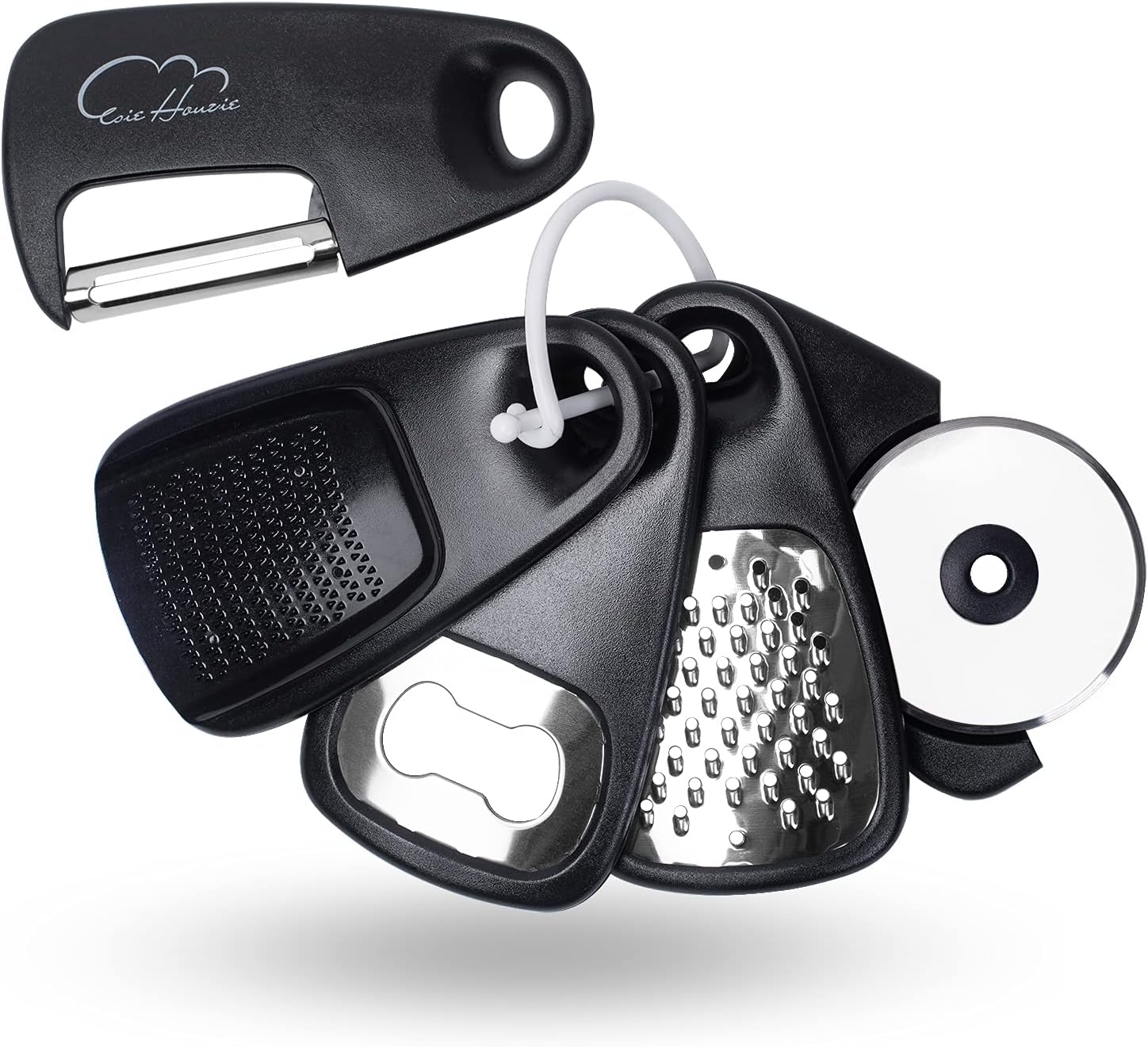 Kitchen Gadgets Set 5 Pieces, Space Saving Cooking Tools Kitchen Accessories – Fruit/Vegetable Peeler, Cheese/Chocolate Grater, Bottle Opener, Pizza Cutter, Garlic/Ginger Grinder Gift Set (Black)