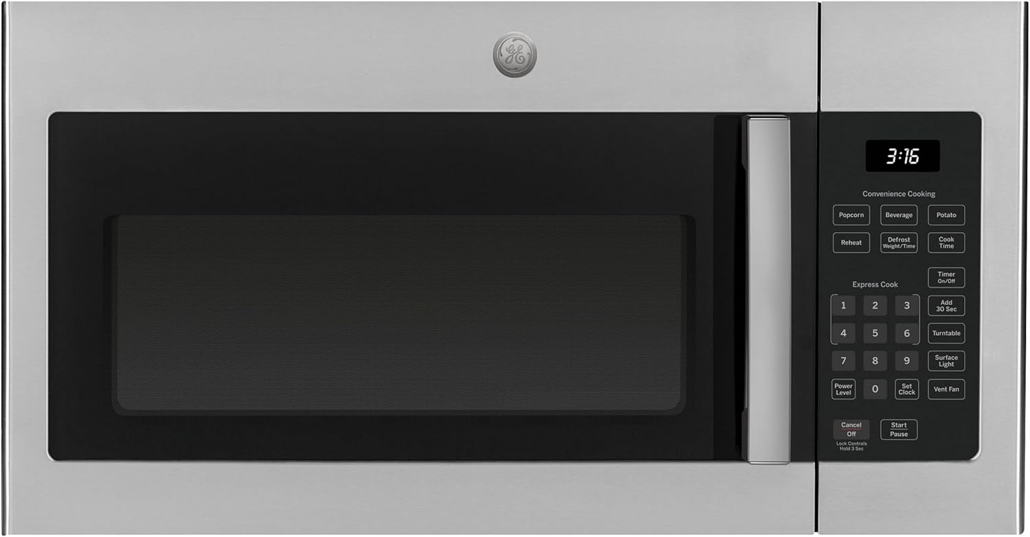 GE 30″ Over-the-Range Microwave, 1.6 Cu. Ft., 1000 Watts, 300 CFM Hood Vent, LED Lighting, Auto Defrost, Easy Mount Install, Stainless Steel, JVM3160RFSS