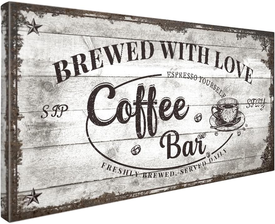 IPIC – Vintage Coffee Bar Sign Brewed with Love, Canvas Print Wall Art for Cafe, Farmhouse Style Wall Decor for Home Kitchen and Coffee Station