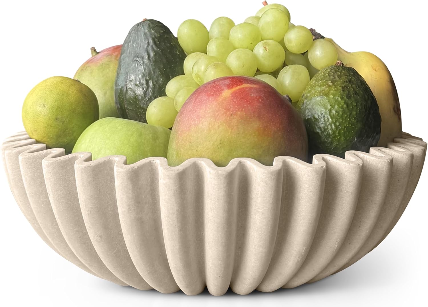 12″ Extra Large Decorative Bowl – Decorative Fruit Bowl for Kitchen Counter, Modern Handmade Bowls for Home Decor, Ruffle Decor, Stylish Key Bowl for Entryway Table, Beige Artificial Stone