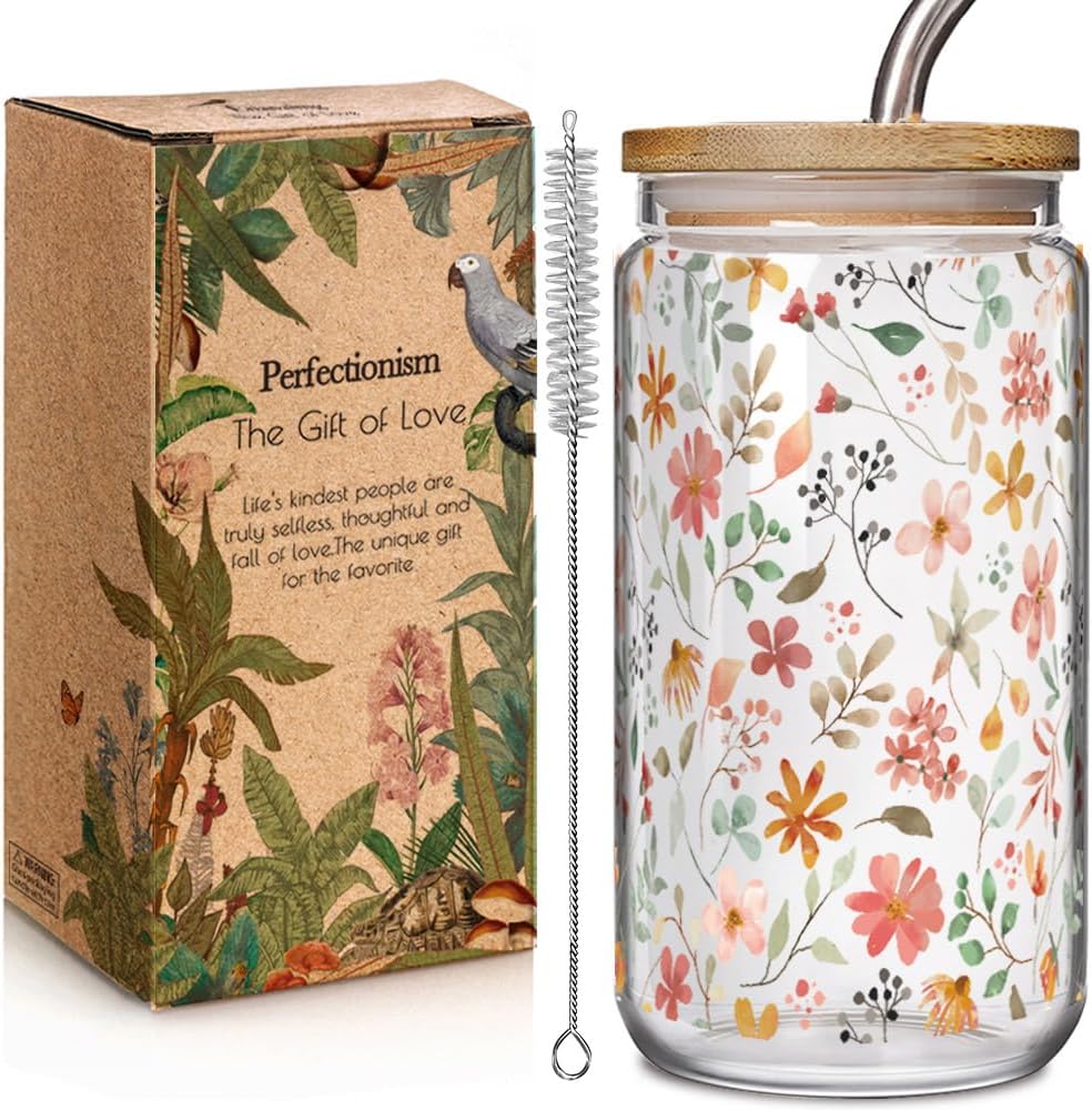 Floral Iced Glass Cups with Bamboo Lids and Straws 16oz Wildflower Coffee Cup Gift for Women Cute Flower Drinking Glass with Cleaning Brushes, Flower Gifts for Mother ‘s Day Birthday Bridesmaid Party