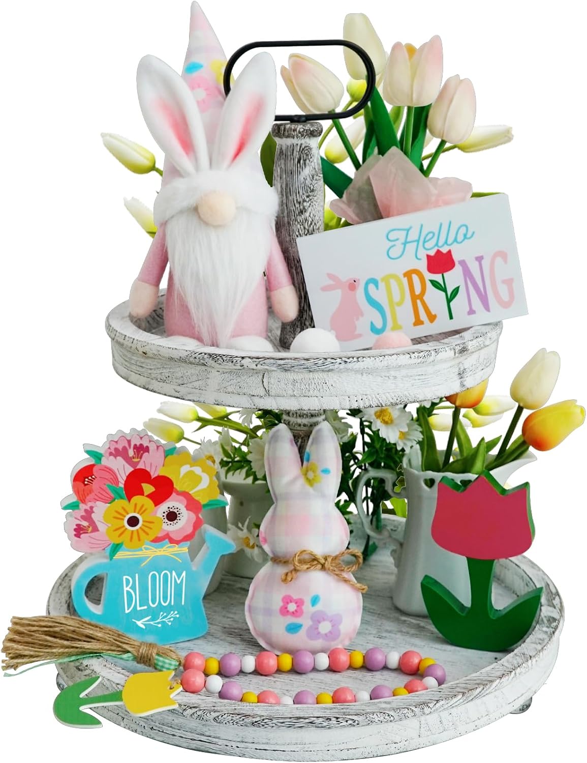 Spring Tiered Tray Decor Set, 6Pcs Farmhouse Tabletop Decorations with Gnome, Spring Decorations for Home, Floral Decor, Wooden Sign & Bead Garland for Home Kitchen Coffee Bar Decor