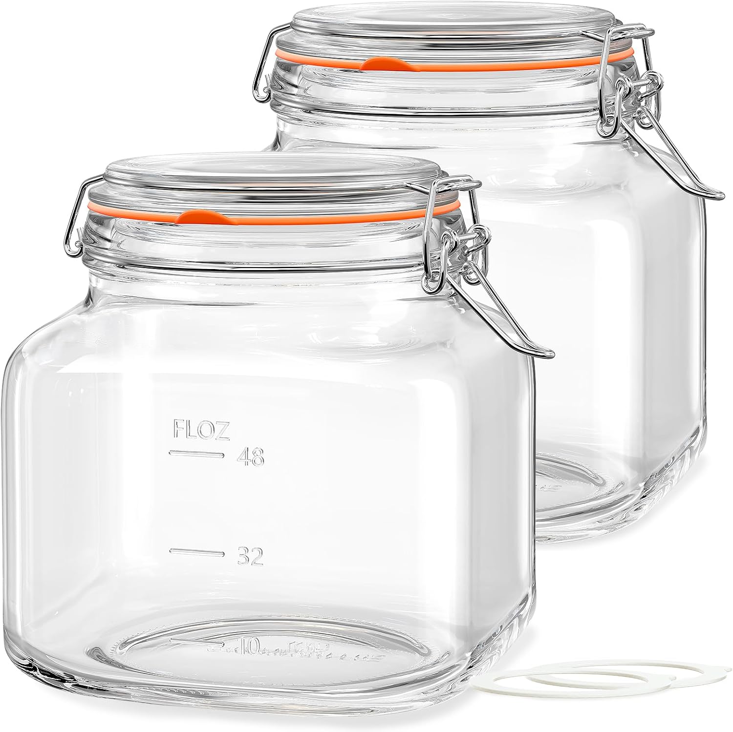 Large Glass Jars with Airtight Lid, 2 Pack Glass Food Storage Jars with 2 Scale Marks, Square Glass Canisters for Flour, Cereal, Coffee, Pasta, Cookies, Pickle, 0.6 Gallon Wide Mouth Mason Jars
