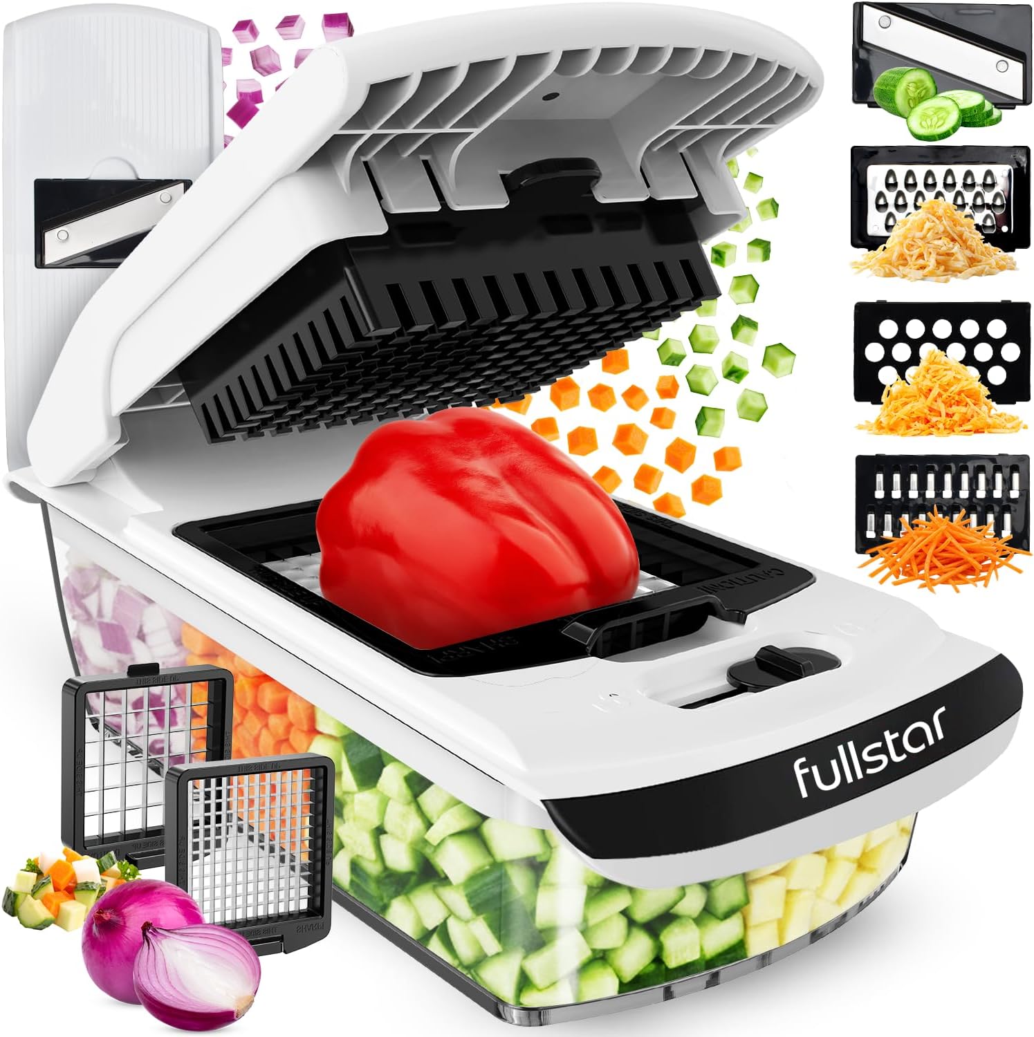 Fullstar Pro Original Vegetable Chopper & Mandoline – Chopper & Mandoline Lids – Food Chopper with Container, Fruit Slicer, Onion Dicer – All-in-One Prep Tool – Kitchen Gadgets & Gifts (6 in 1, White)