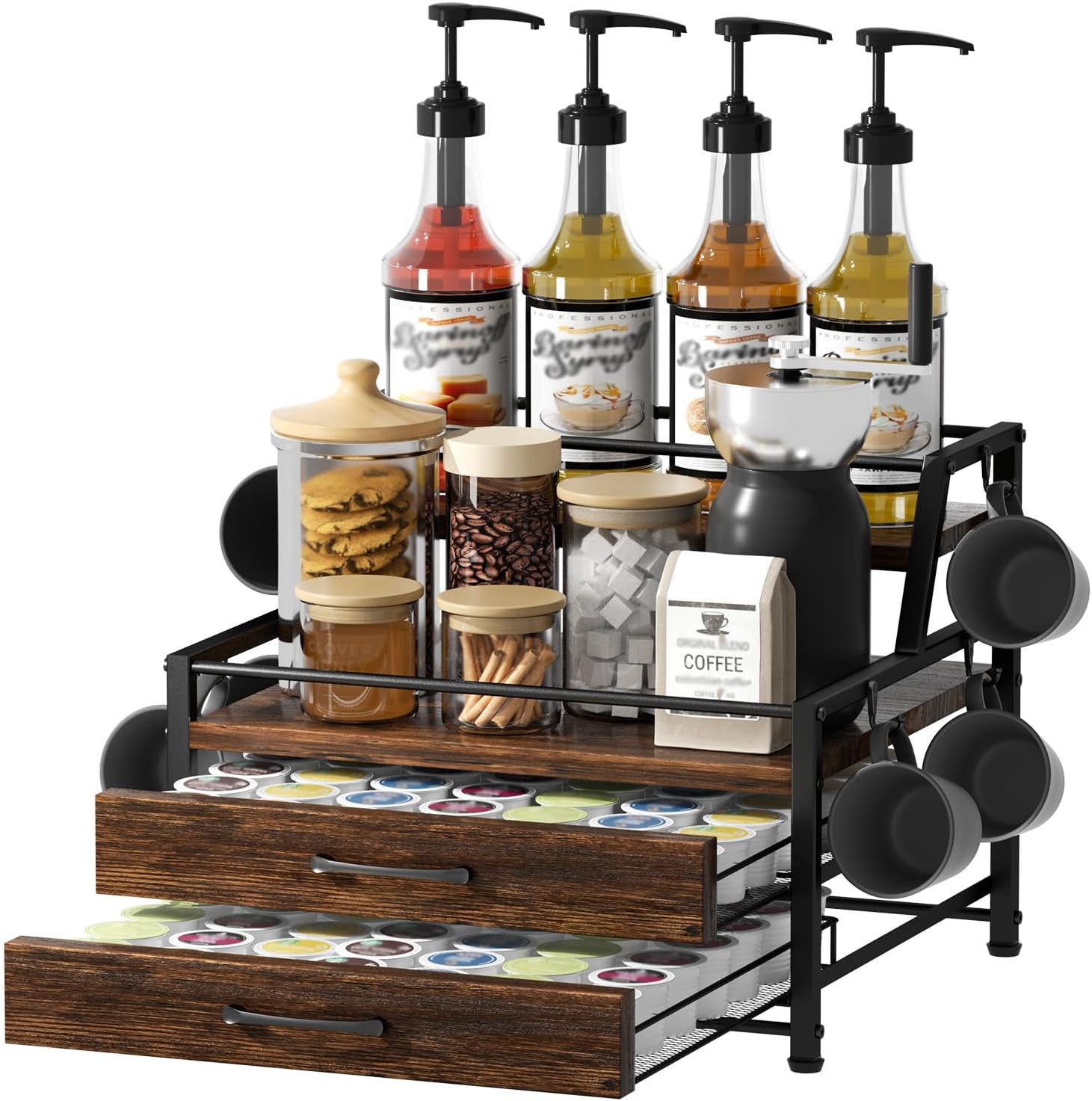 Homsorout Coffee Syrup Rack Organizer – 4-Tier 8 Syrup Wine Bottles Stand with 82 Storage Drawer for K Cups, Coffee Pod Holder for Countertop, Bar Station, Kitchen, Rustic Brown