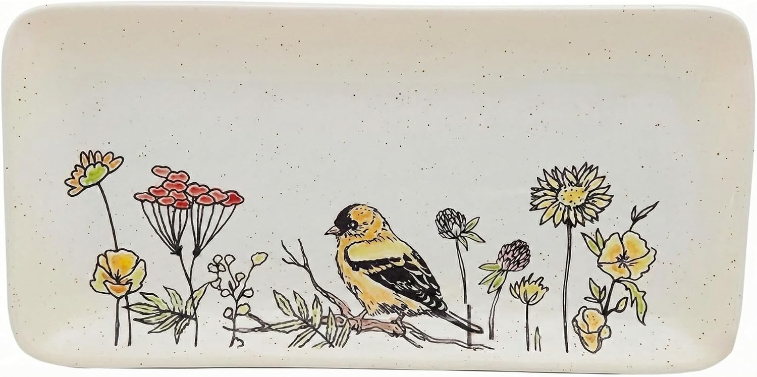 Blue Sky Clayworks Wildflower Bird Rectangular Platter, 10″ L x 5″ W, Wildflower Meadow Songbird Serving Tray