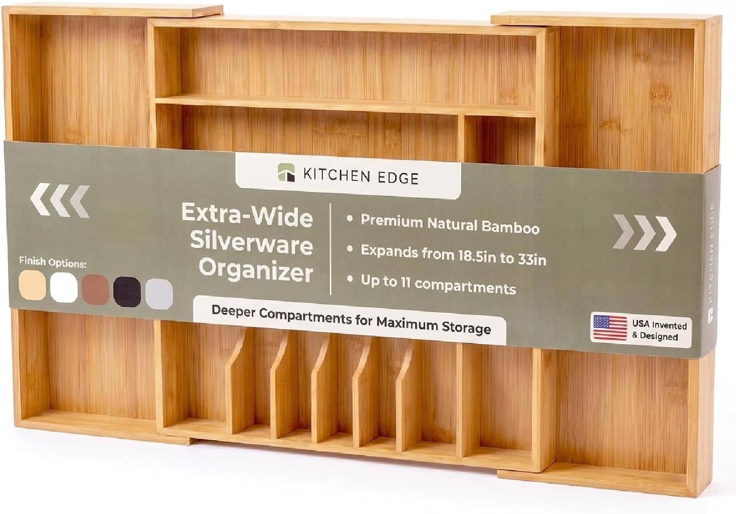 KitchenEdge Premium Silverware, Flatware and Utensil Organizer for Kitchen Drawers, Food-Safe Contract Grade, Expandable from 18 to 33 In, Natural Bamboo