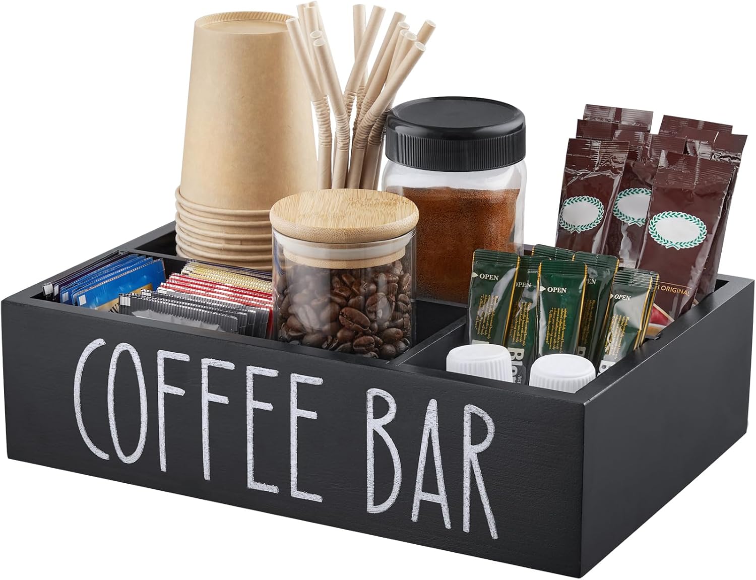 ALELION Coffee Station Organizer – Wood Countertop Accessories Organizer with Removable Dividers for Pods Condiment Syrup Tea Cups Stirrers – for Farmhouse Coffee Bar Decor
