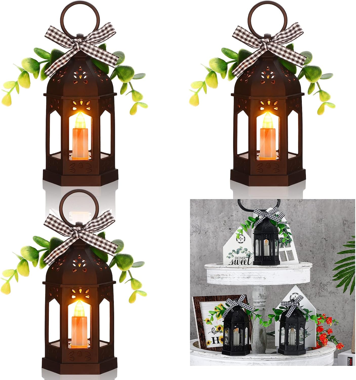 3 Pcs Mini Lanterns for Farmhouse Tiered Tray Decor, Rustic LED Lanterns Battery Operated with Eucalyptus and Buffalo Plaid Bow for Coffee Bar Kitchen Shelf Decor Table Centerpieces(Black)