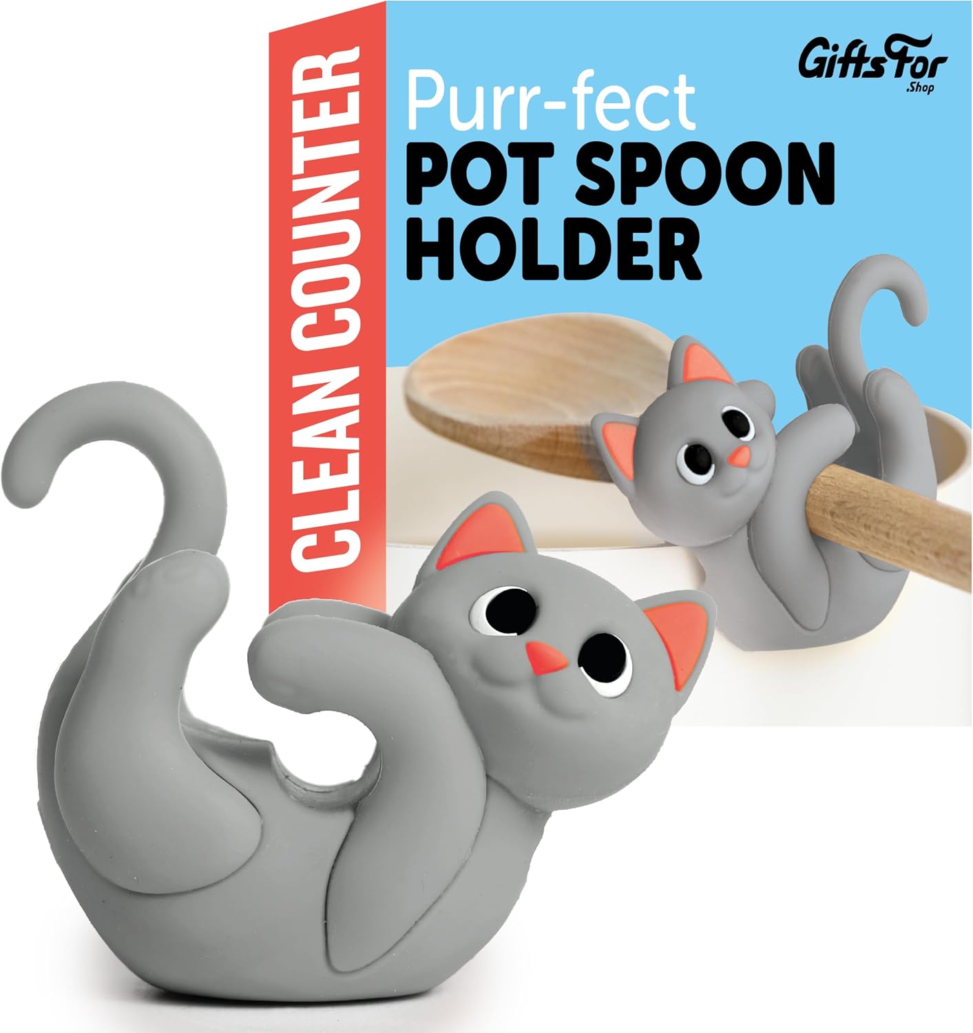 Itera Gray Silicone Cat Spoon Rest Kitchen Gadget | Clips to cookware • Props lids for steam venting • Keeps counters cleaner • Heat resistant • BPA-free • Dishwasher safe
