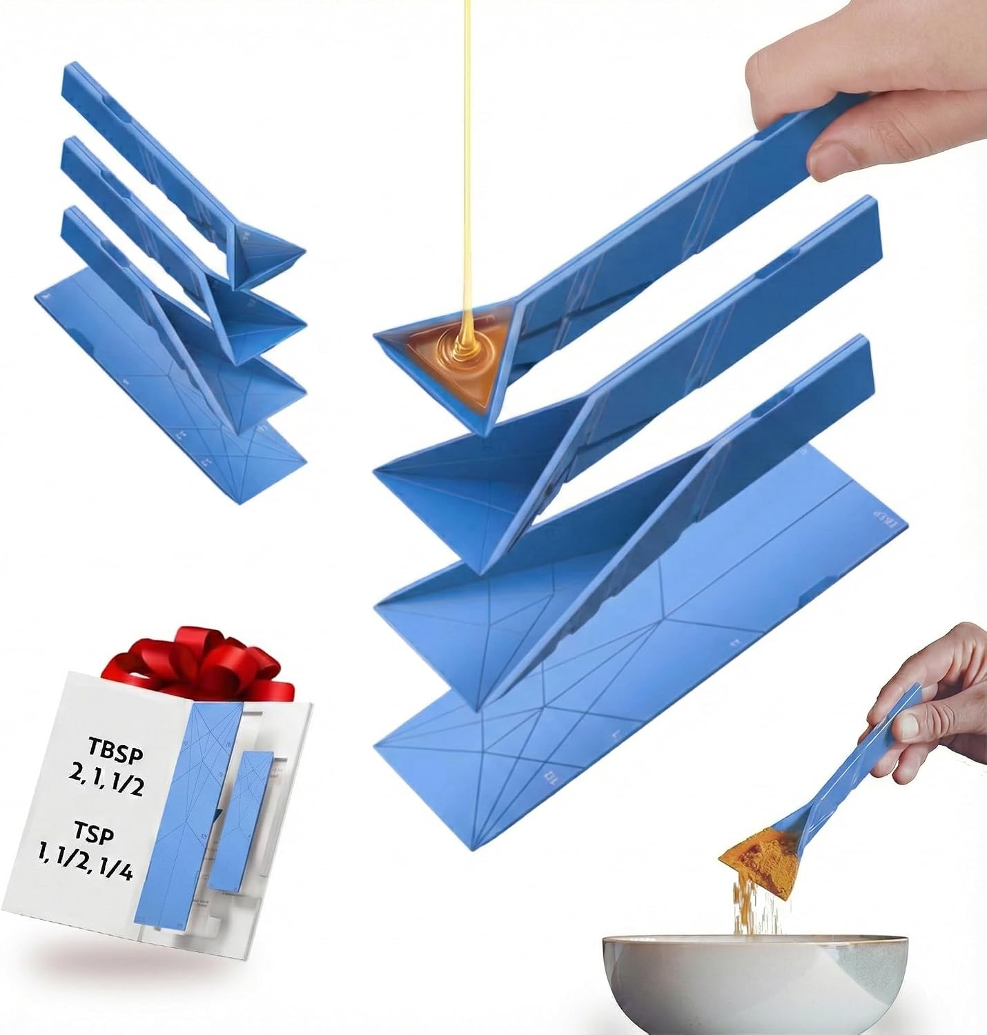 POLYGONS – Original Flat 3-in-1 Folding Measuring Spoons | 2 Spoons fold into 6 Sizes | Magnetic | DuraBend Tech lasts 100k+ folds | LeakProof for Wet & Dry | Gift Packaging | Baking/Cooking (Blue)