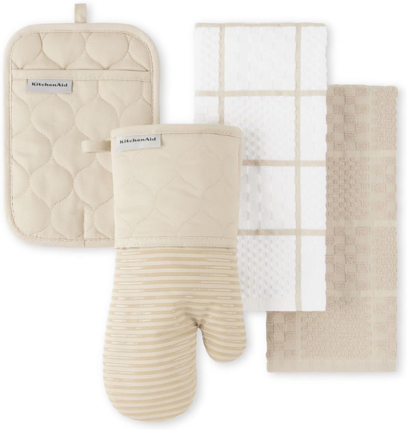 KITCHENAID Quilted Cotton Terry Cloth Oven Mitt, Pot Holder, Kitchen Towel 4-Pack Set, Heat Resistant, Silicone Grip, 16″x26″, 7″x13″ & 7″x10″, Milkshake Tan