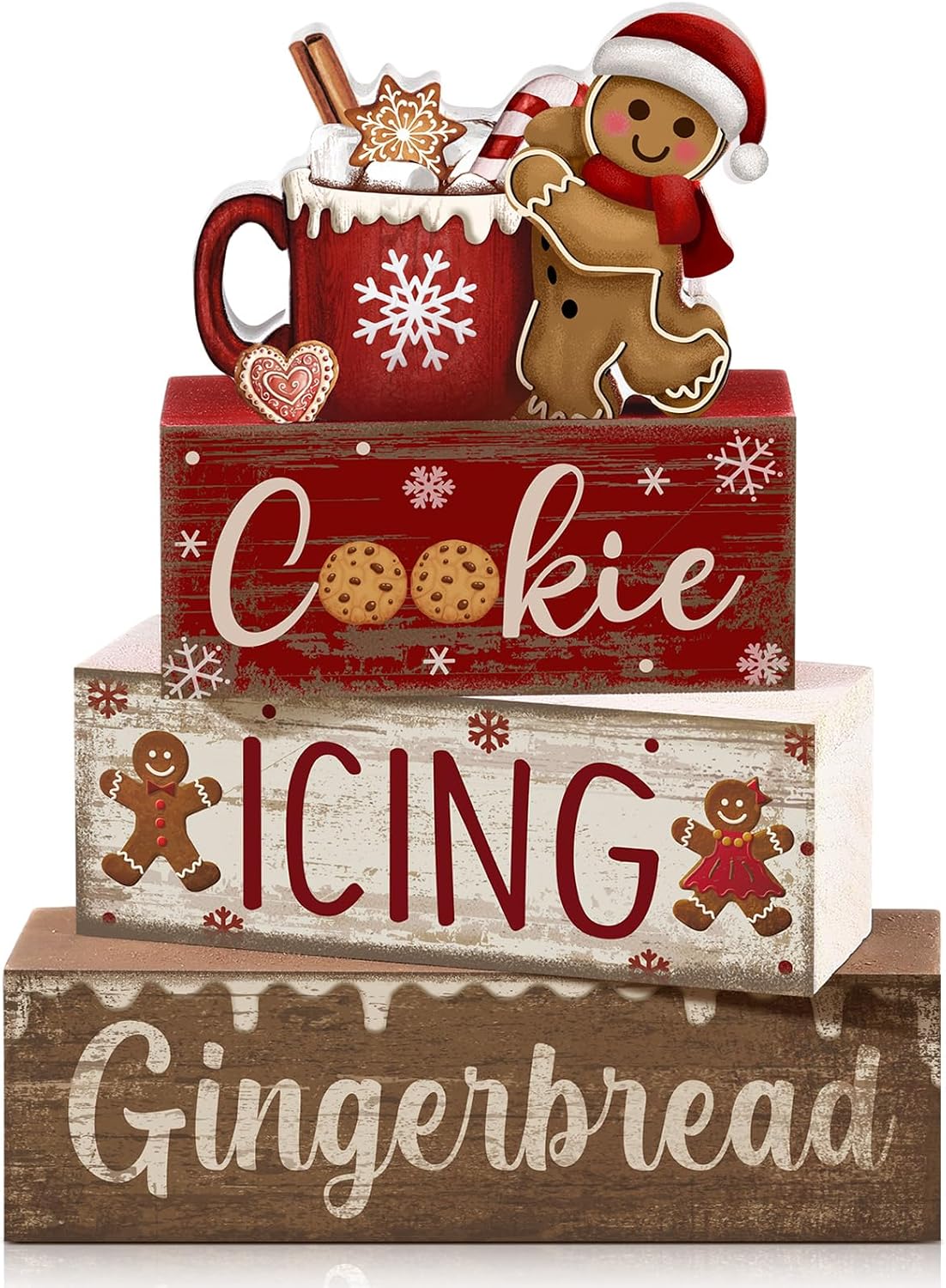 Moucuny 4 Pcs Christmas Table Decor Wooden Gingerbread Cocoa Decoration Christmas Centerpiece Winter Tiered Tray Decor Gingerbread Man Cocoa Block Signs Gift Farmhouse Xmas Decoration for Home Kitchen