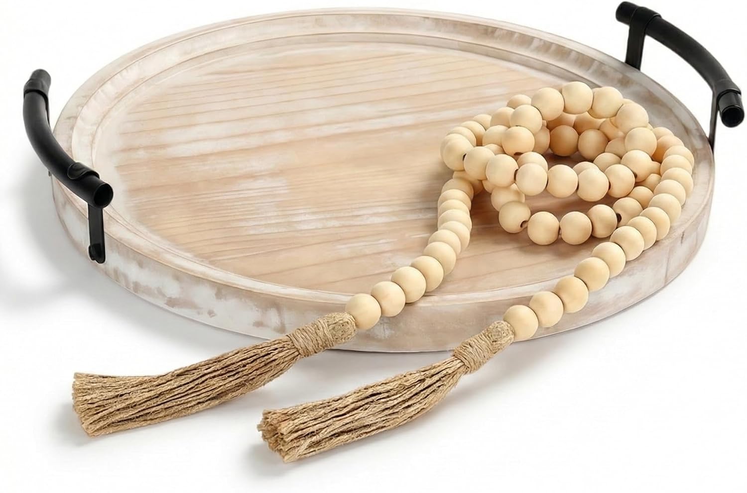 Relaxing Garden 13″ Round Decorative Wood Tray with Handles | Whitewashed farmhouse tray includes 58″ bead garland for coffee tables, kitchen islands, entryways & light organization