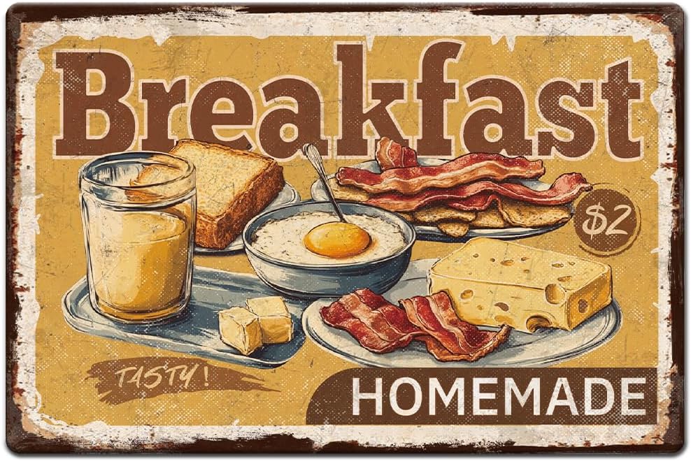 1pc Vintage Metal Tin Signs 12×8 inch Retro Plaque Breakfast Signs Fried Egg Cheese Bacon Olive Metal Signs with 4 Pre-Drilled Holes for Kitchen Restaurant Cafe Pub Home Wall Decor