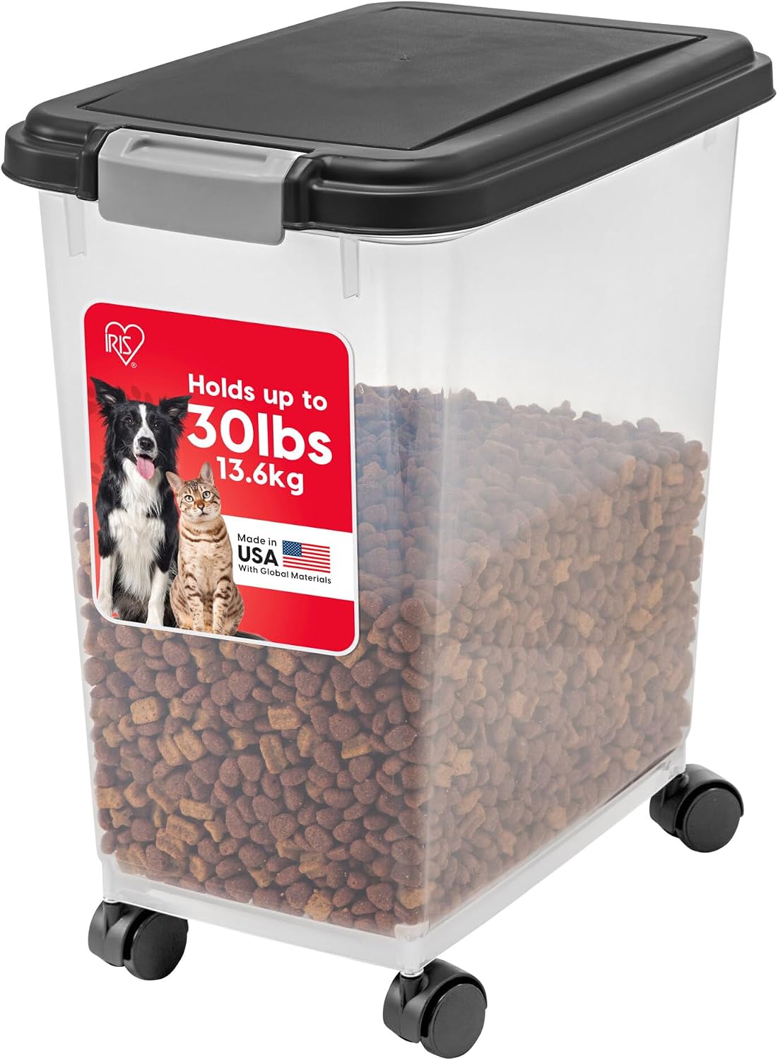 IRIS USA Airtight Pet Food Storage Container with Wheels, Black, 30 lb Capacity – BPA-Free Clear Plastic Bin with Snap-Lid Seal to Keep Kibble, Pellets or Seeds Fresh for Dogs, Cats and Birds