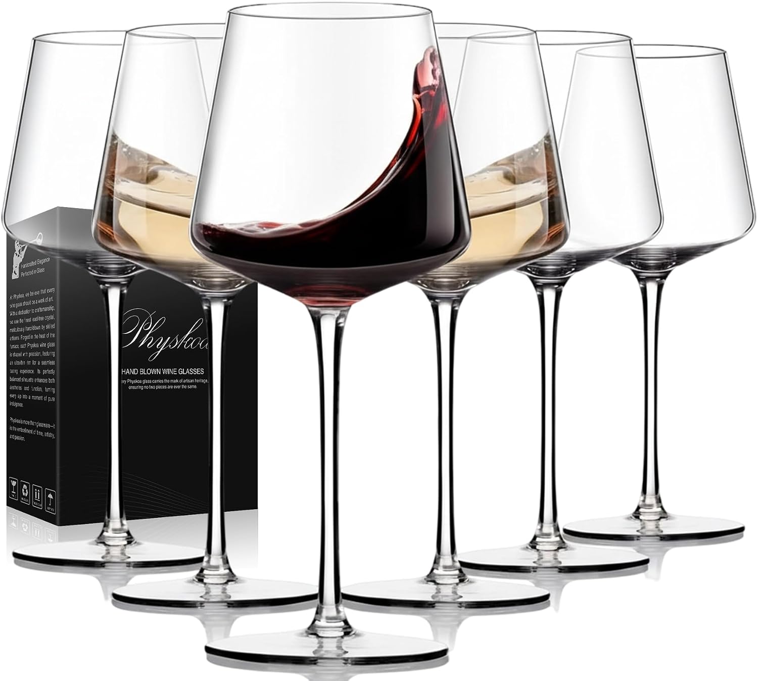 Physkoa Wine Glasses Set 6-18oz-LeadFree Wine Glass with Long Stem,Clear Stemmed Wine Glasses【HandBlown Glassware】 Crystal Wine Gifts for Women Birthday Wedding