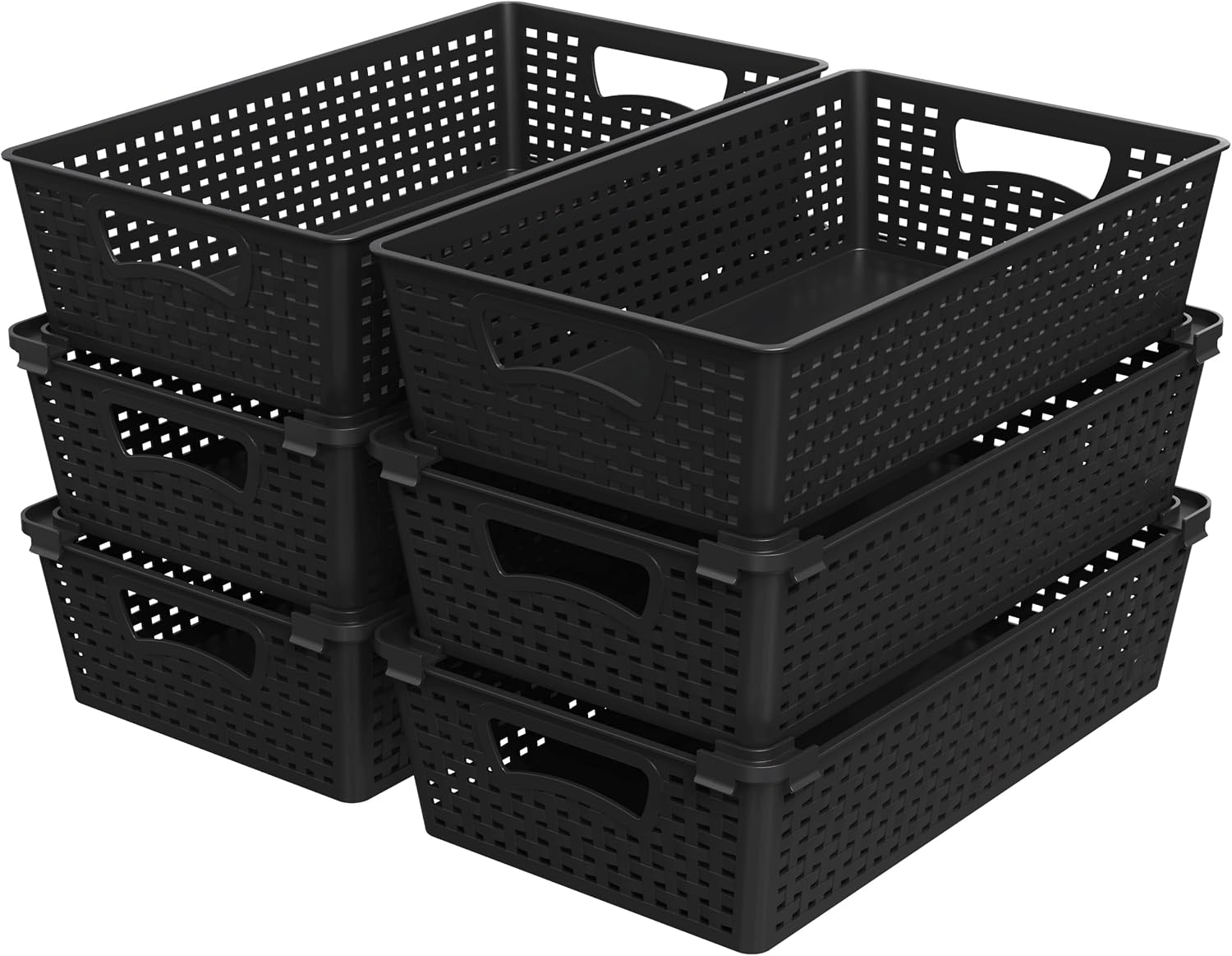 Simple Houseware Stackable Plastic Woven Basket Organizer, 6 Pack, 14.5″ x 8.5″ x 3.5″, Black
