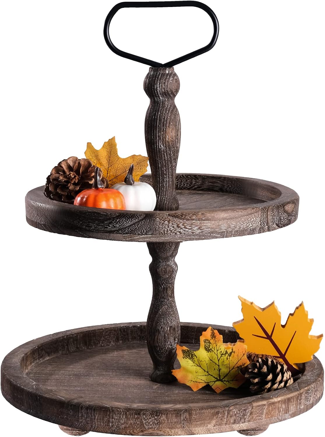 Mustry Rustic Wooden 2 Tiered Tray, Round Farmhouse Kitchen Table Decor Serving Tier Tray, Food Fruits Cupcake Display Coffee Bar Home Party Seasonal Decorations (Brown)