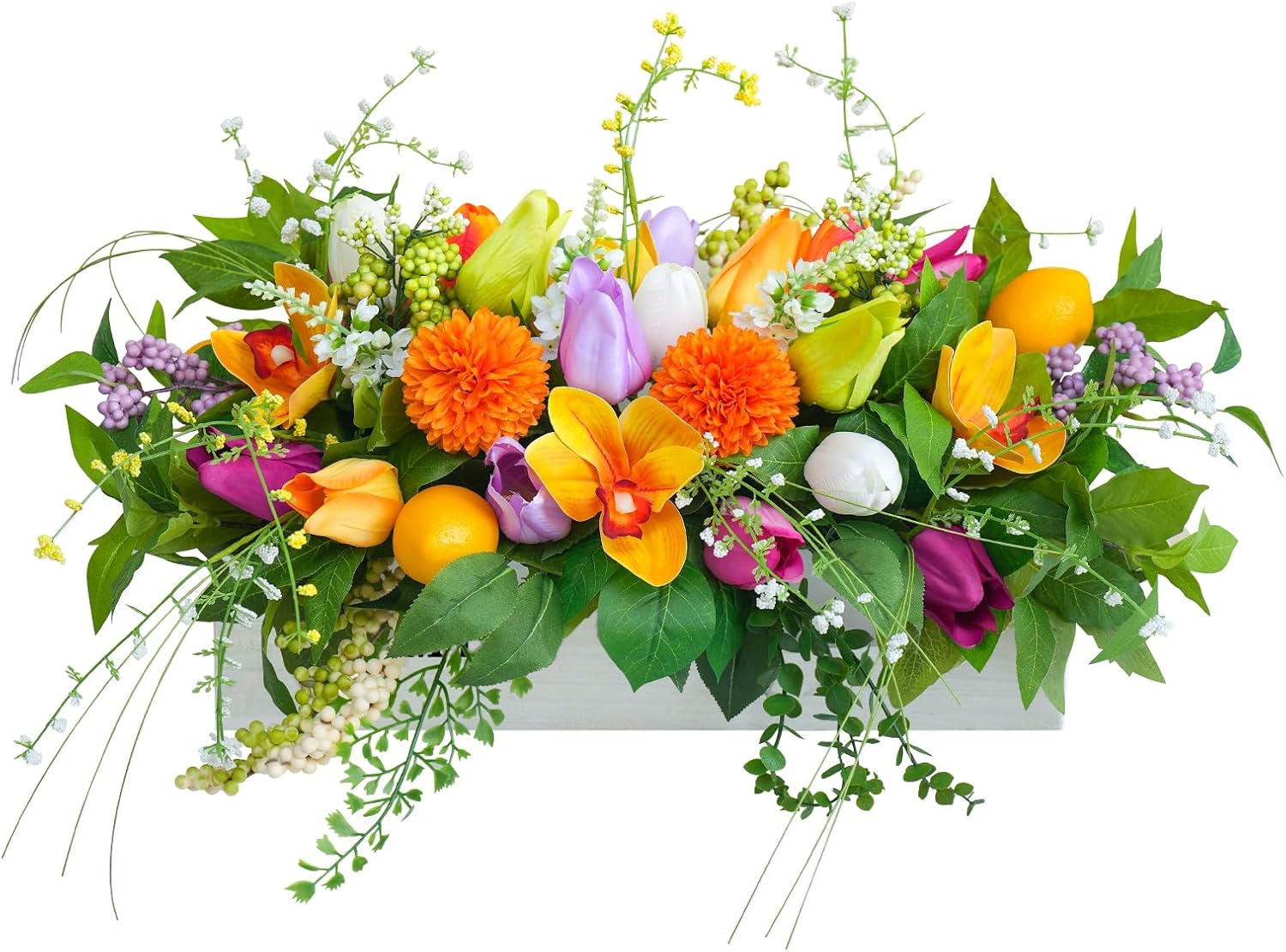 Artificial Tulip & Dahlia Table Centerpiece Lifelike Faux Flowers with Decorative Lemons & Greenery, Spring & Summer Tabletop Decor for Dining Room, Kitchen Island, Coffee Table, Weddings & Home