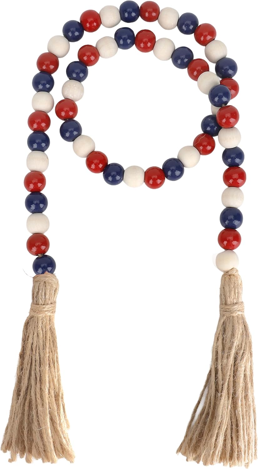 Independence Wooden Bead Garlands, 39 Inch Natural Wood Bead Garland with Rope Tassel, Rustic Independence Bead Garland for Tiered Tray Decor Farmhouse Home Kitchen Wall Hanging Decoration