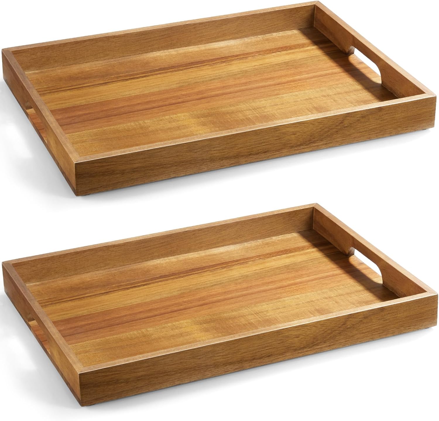 2 Pack Acacia Wood Serving Tray with Handles – 17 Inch Large Wooden Tray for Ottoman, Breakfast in Bed, Dinner, Coffee Table