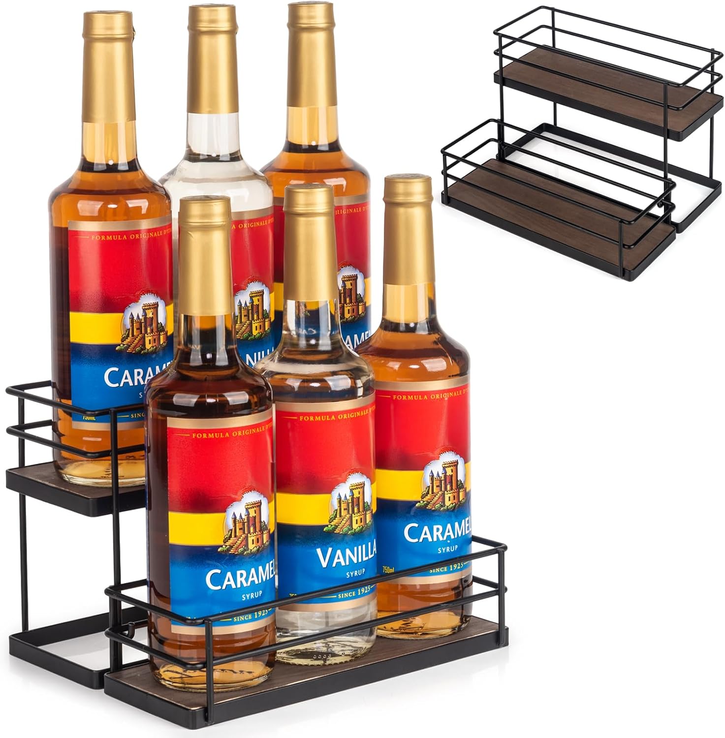 kimilus 6 Bottle Capacity Coffee Syrup Organizer 2 Tier Coffee Syrup Stand Shelf for Coffee Bar Kitchen Small Wine Rack for Bar Family Storage for Syrup Wine Dressing