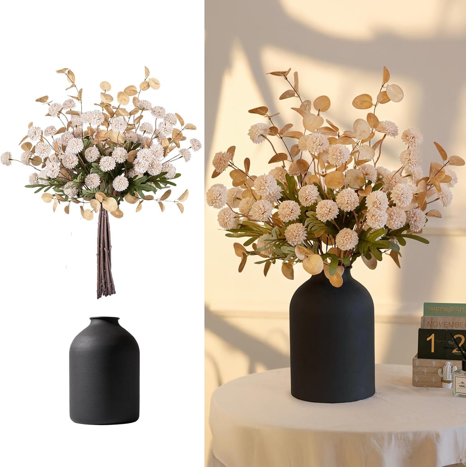 BLOSMON Fake Flowers Centerpieces for Tables: Gifts for Women Metal Vase with 12 Stems of Artificial Mums Kiku Eucalyptuses for Dining Room – Beige Faux Floral Arrangements in vase