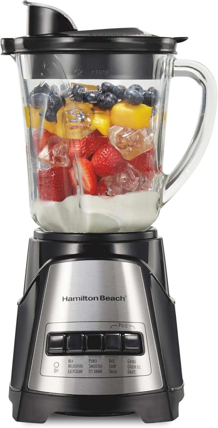 Hamilton Beach Power Elite Blender For Smoothies With Wave Action System | 40 oz. Glass Jar | 12 Functions Including Puree, Crush Ice | 700 Watts | Black | 58148AG