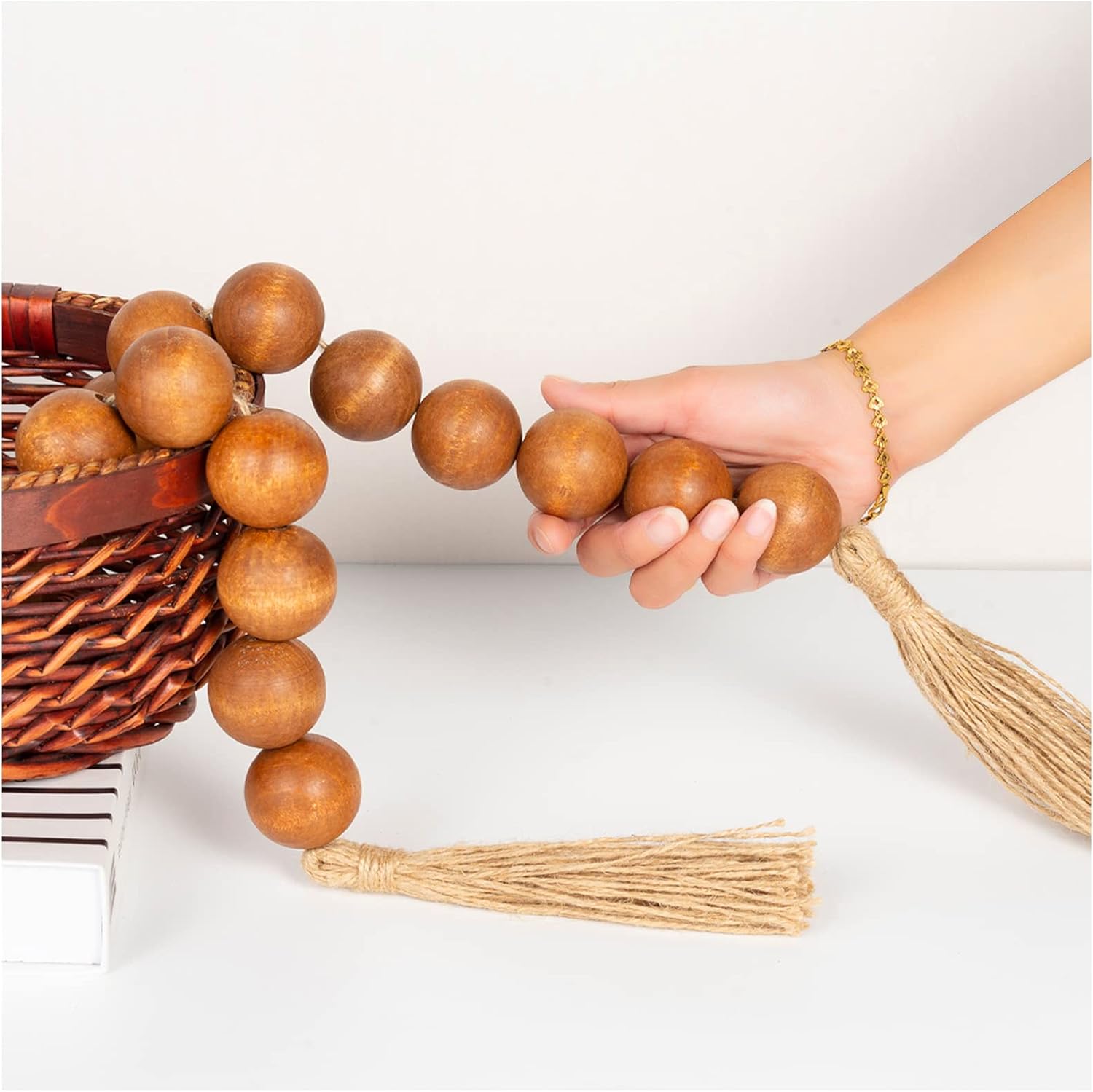 OMISHE Extra Large Wood Bead Garland Brown with 1.6″ Diameter Wooden Beads and Tassels, 41″ Long Rustic Farmhouse Country Decorative Beads for Home Tiered Tray Decor, Brown