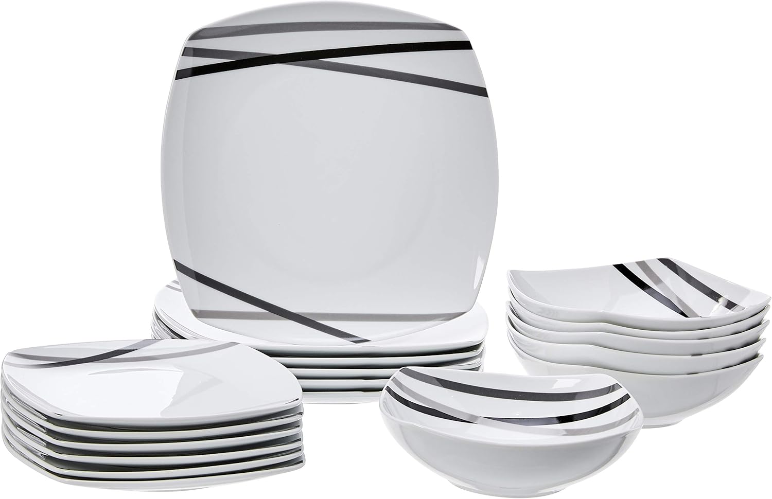 Amazon Basics Square Dinnerware Set for 6, Plates and Bowls for Kitchen, 18-Piece, Dishwasher and Microwave Safe, Modern Beams