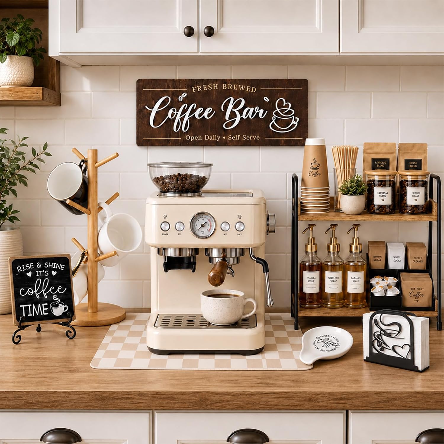 7 PCS Coffee Bar Accessories Set, Farmhouse Coffee Station Organizer Kit | Coffee Table Decor for Countertop Kitchen, Napkin Mug Spoon Rest Holder Tray Mat Sign, Home Counter Decor Gifts for Men Women