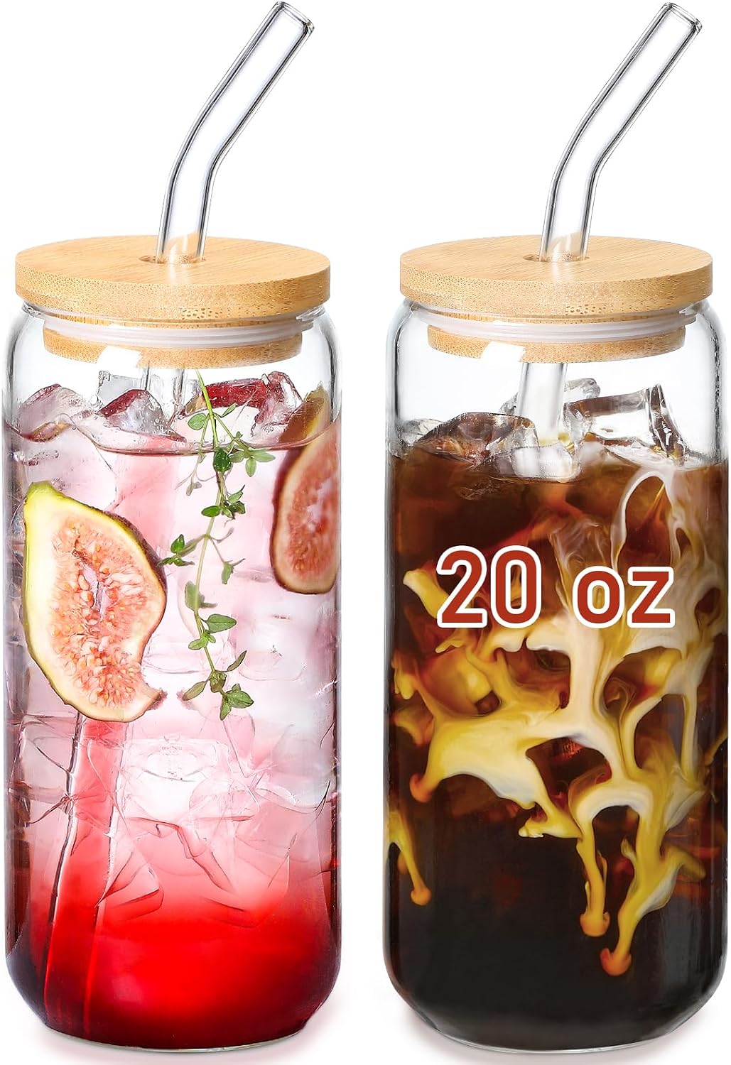 VITEVER 20 OZ Glass Cups with Bamboo Lids and Glass Straw – Beer Shaped Drinking Glasses Set, Iced Coffee Glasses, Cute Tumbler Cup, Aesthetic Coffee Bar Accessories, Gift – 2 Pack