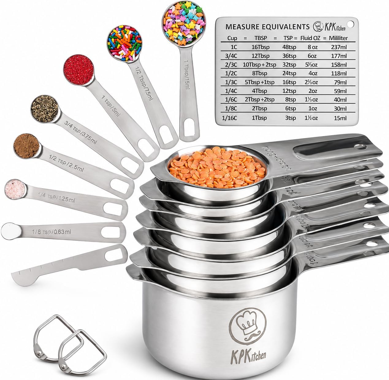 Stainless Steel Measuring Cups and Spoons Set of 16-7 Cup & 7 Spoon + Conversion Chart & Leveler – Kitchen Measuring Spoons and Cups – Dry Measure Cups Stainless Steel & Baking Metal Measuring Cups