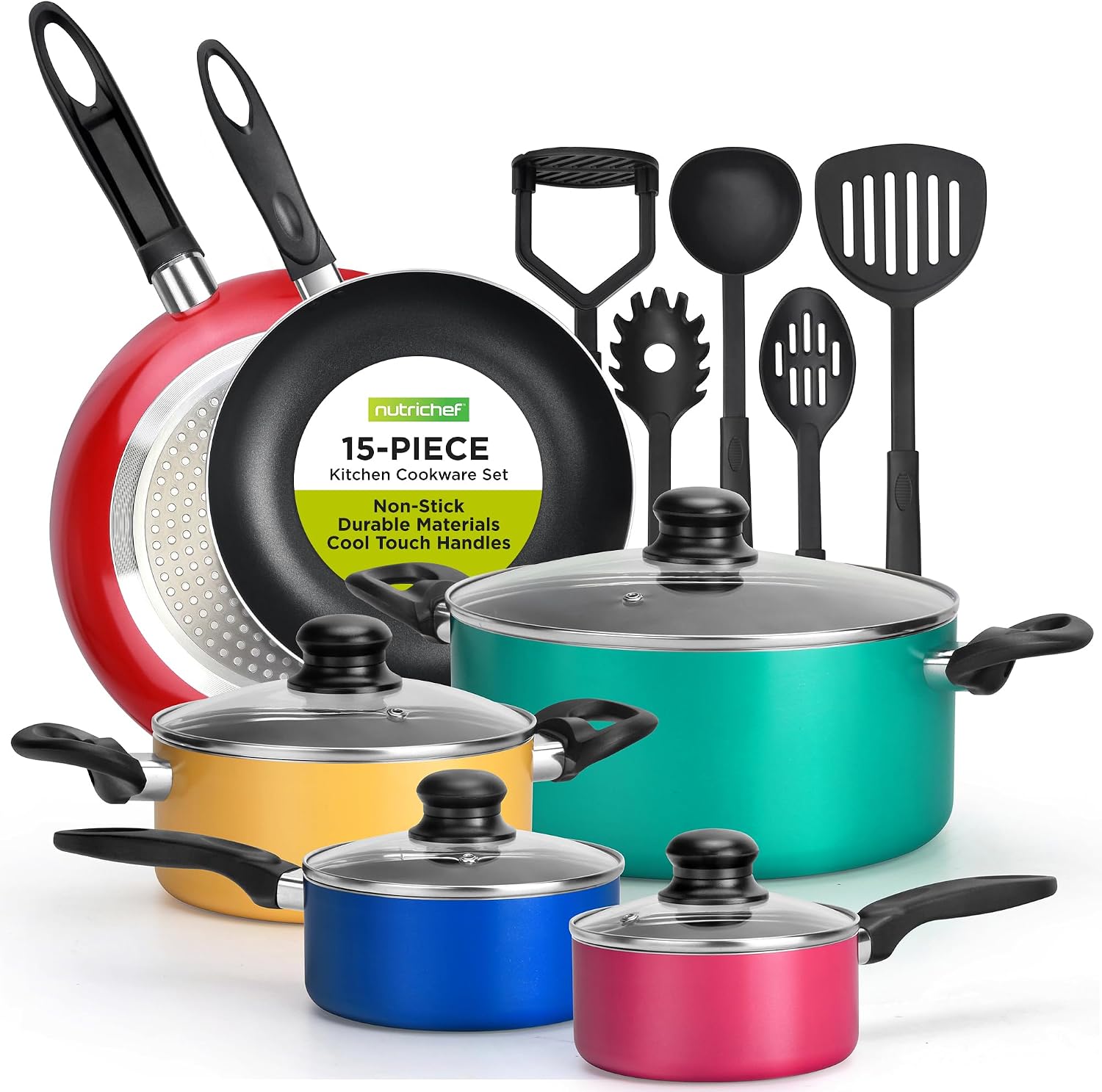 NutriChef 15-Piece Colorful Pots and Pans Set – Heat Resistant Lacquer Cookware Set with Saucepot, Frying Pans, Oven Pot, Lids, Utensil set – All Cooktop Compatible Including Induction