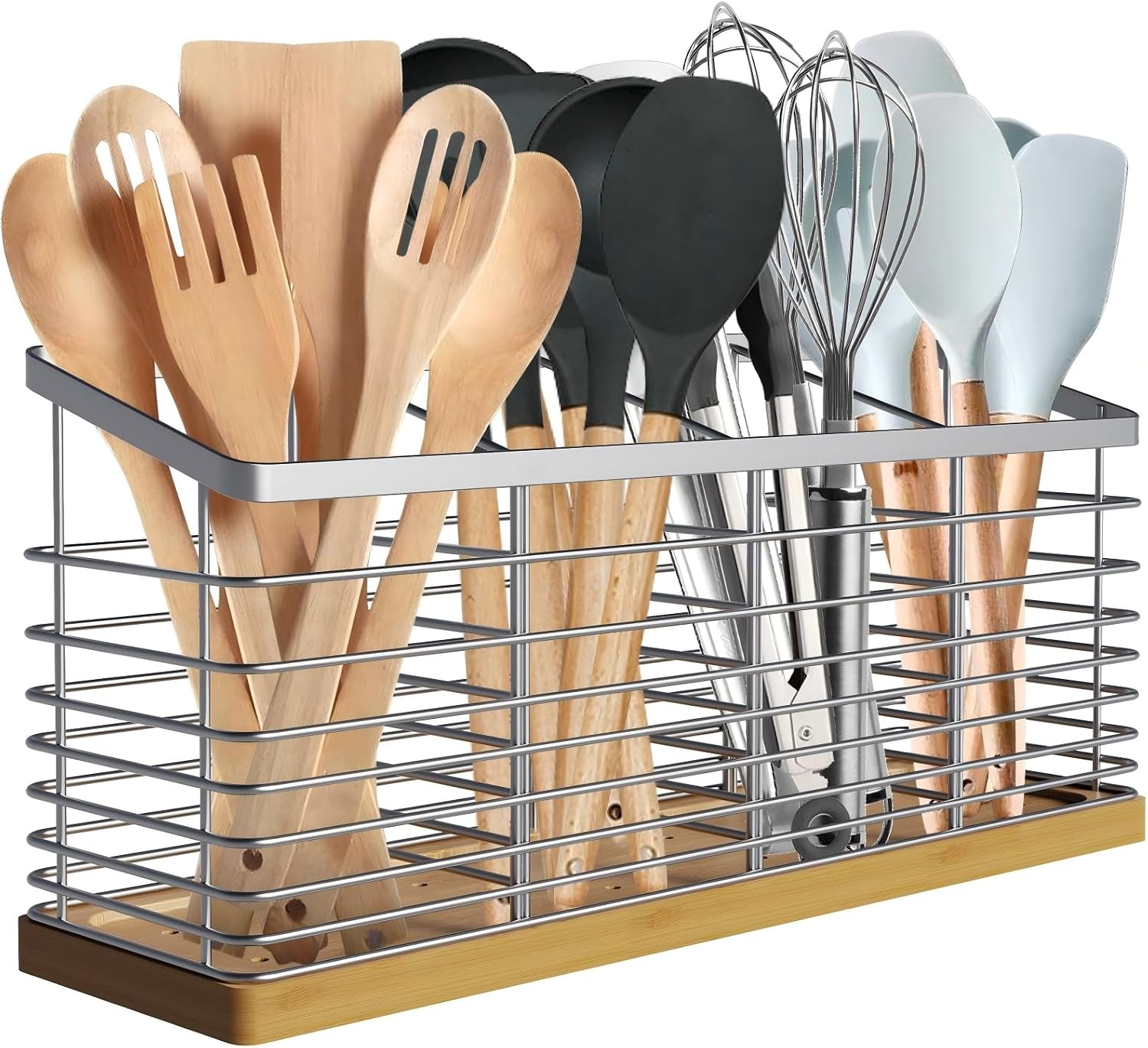 Suli Extra Large Kitchen Utensil Holder with 4 Compartments，Metal holder with Wooden Base for Kitchen Countertop，Farmhouse Cooking Utensil Storage, Rustic Cooking Utensil,Silvery