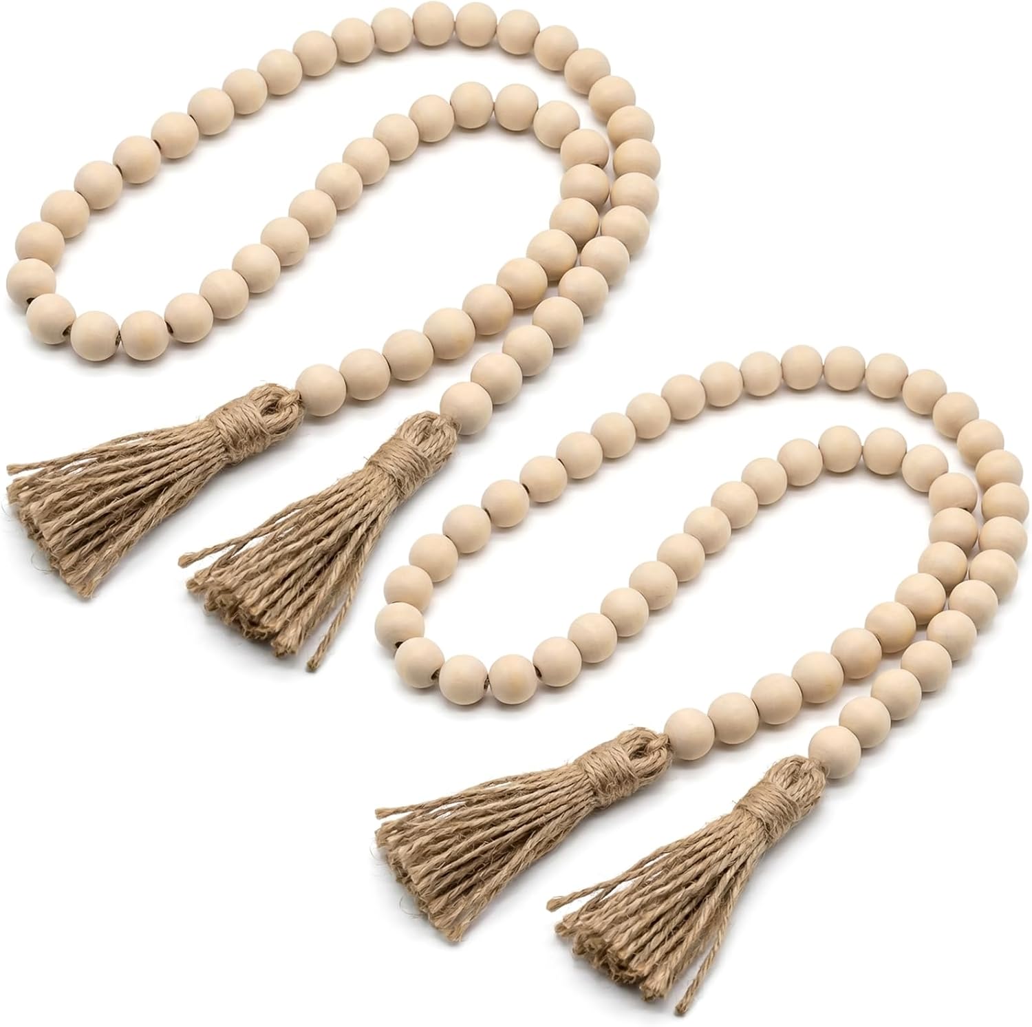 RAINFLOW Wood Bead Garland with Tassels – 2PCS Farmhouse Rustic Country Decorative Beads Home Decor, Natural Color, 50inch 14mm 84 Round,Boho,Farmhouse Beads Wall Hanging Decor