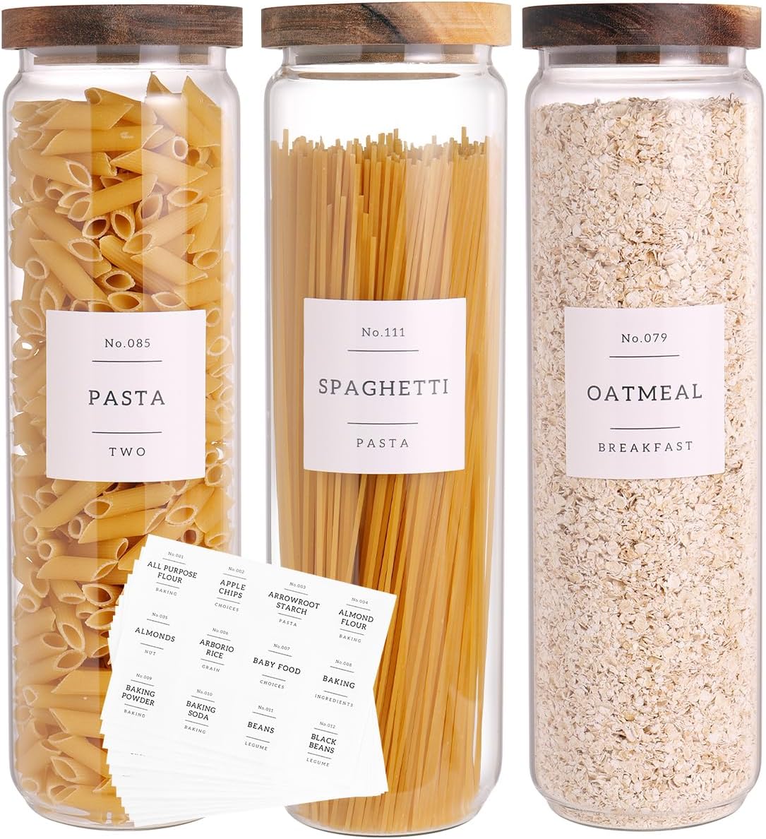 CZZGSM 3 Set Glass Pantry Storage Jars with Acacia Airtight Lid – 50oz Thicken Glass Kitchen Canisters with 132 Pantry Labels – Tall Food Storage Containers with Wood Lid for Pasta,Spaghetti,Cereal