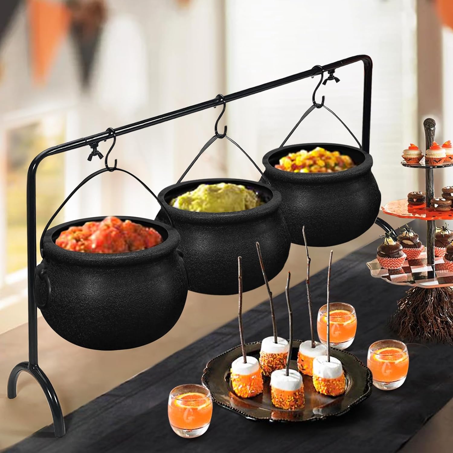 ORIENTAL CHERRY Halloween Decorations Indoor – Set of 3 Witches Cauldron Serving Bowls on Rack – Halloween Party Decorations Halloween Candy Bowl Black Plastic Cauldron for Home Kitchen Decor