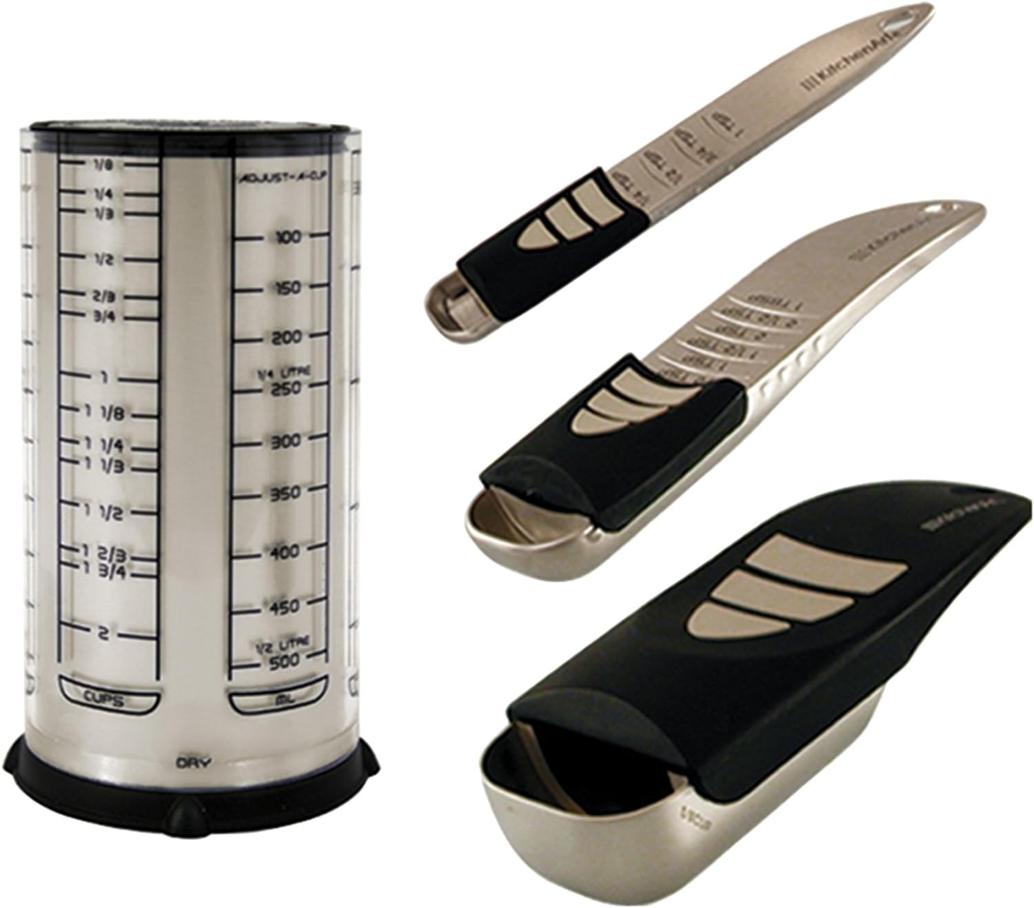 KitchenArt Baker’s Pro Adjust-A-Measure Set, 4-Piece, Satin | Adjustable Teaspoon, Tablespoon, 1/2 Cup Scoop & 2 Cup | All The Essentials For Baking & Cooking | Kitchen Gadgets & Gifts