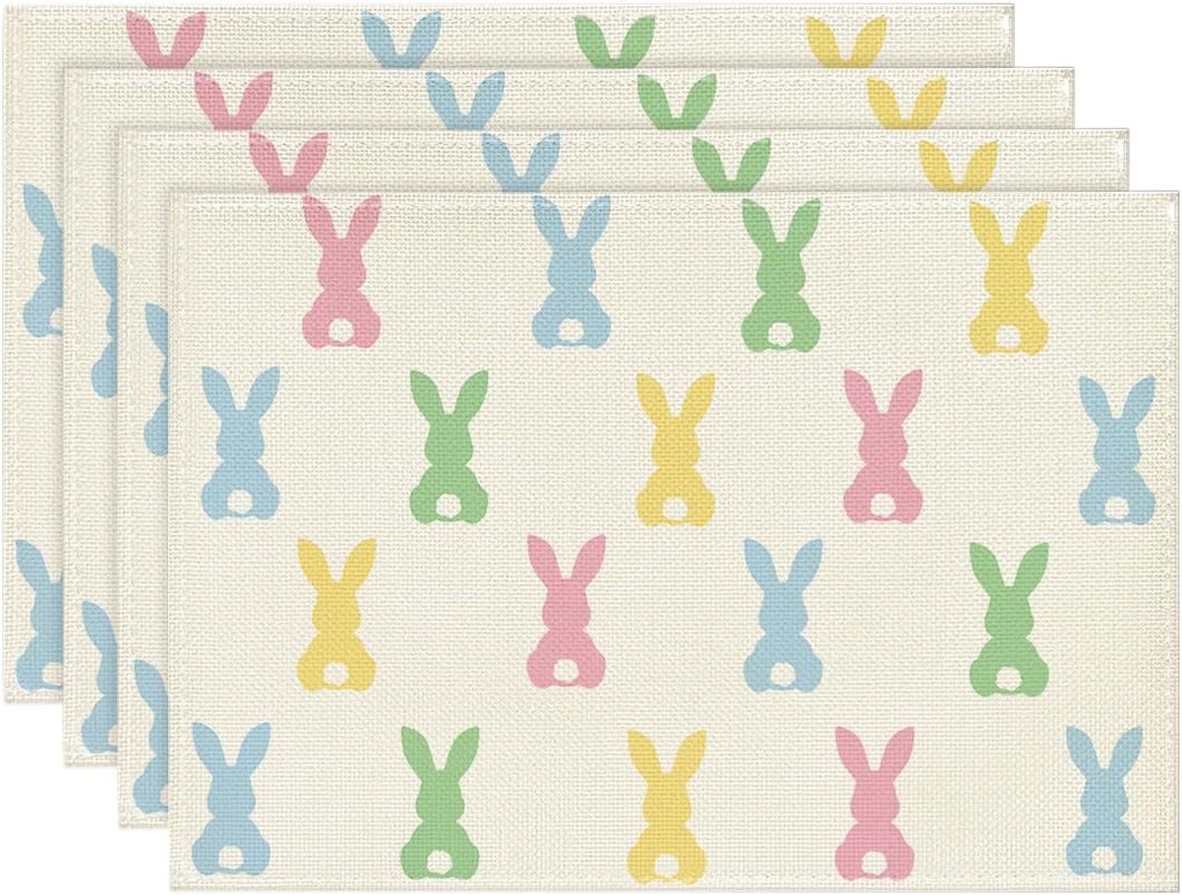 Artoid Mode Colorful Bunny Rabbit Easter Placemats Set of 4, 12×18 Inch Seasonal Table Mats for Party Kitchen Dining Decoration
