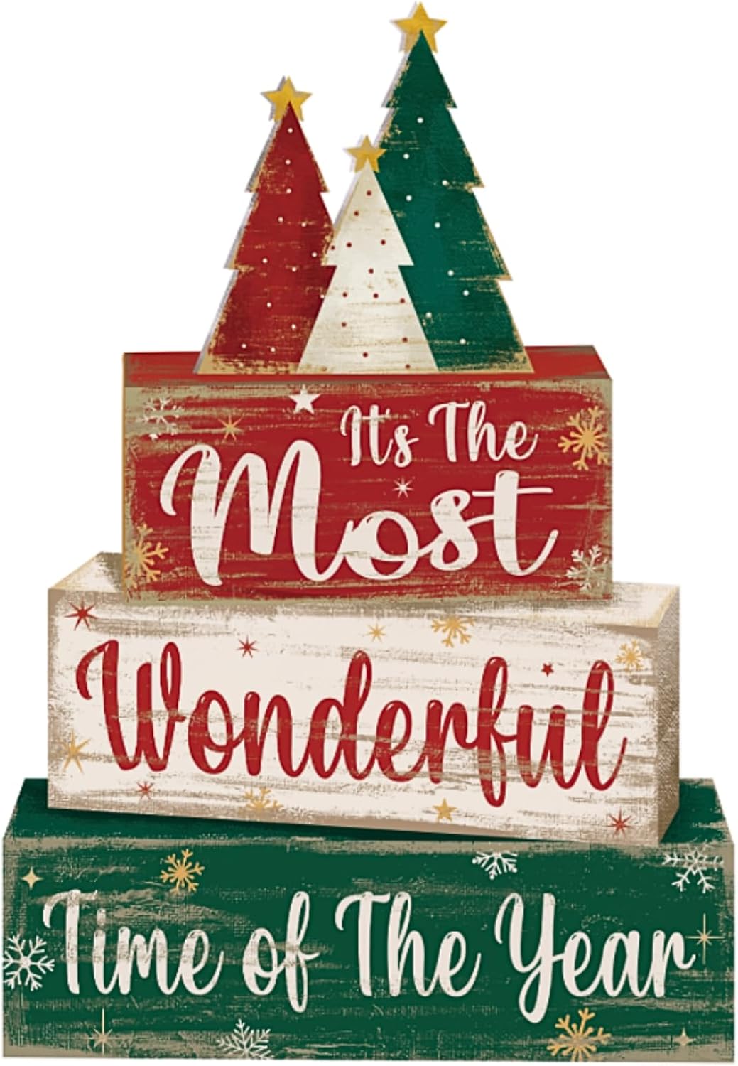 Moucuny 4 Pcs Christmas Decor Wooden Christmas Tree Tiered Tray Decor Xmas Centerpieces Farmhouse Wooden Block Set Xmas Table Sign for Home Kitchen