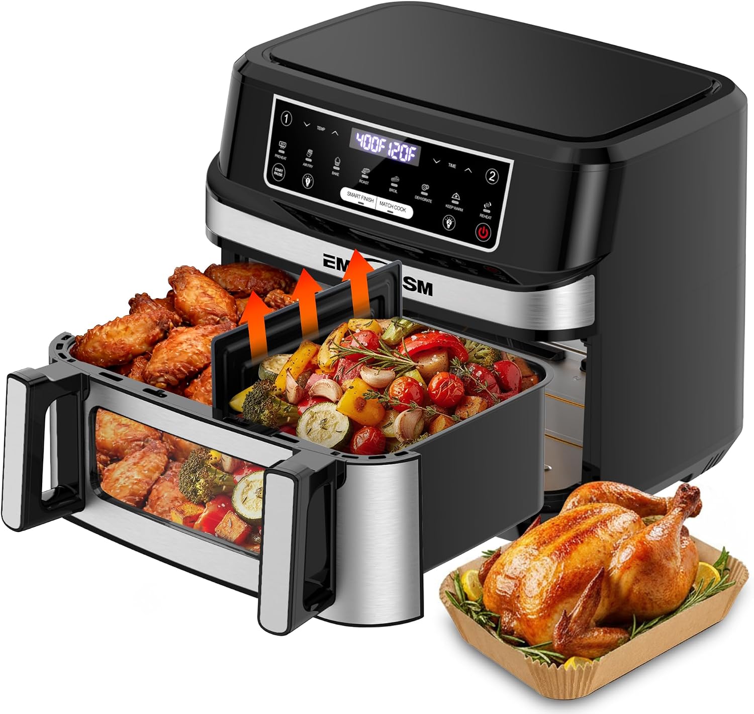 Emphsism 12QT Large Dual Zone Air Fryer with Divider, Match Cook & Smart Finish, Air Fry/Roast/Bake/Toast/Dehydrate/Reheat/Keep Warm/Preheat, Nonstick Dishwasher-Safe Basket, Digital Touchscreen