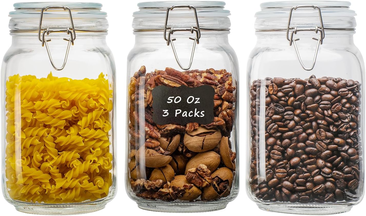 50oz Square Glass Food Storage Jars with Airtight Clamp Lids, 3 Pack Large Kitchen Canisters for Flour, Cereal, Coffee, Pasta and Canning, Mason Jar (Clear 50oz Square – 3 sets)